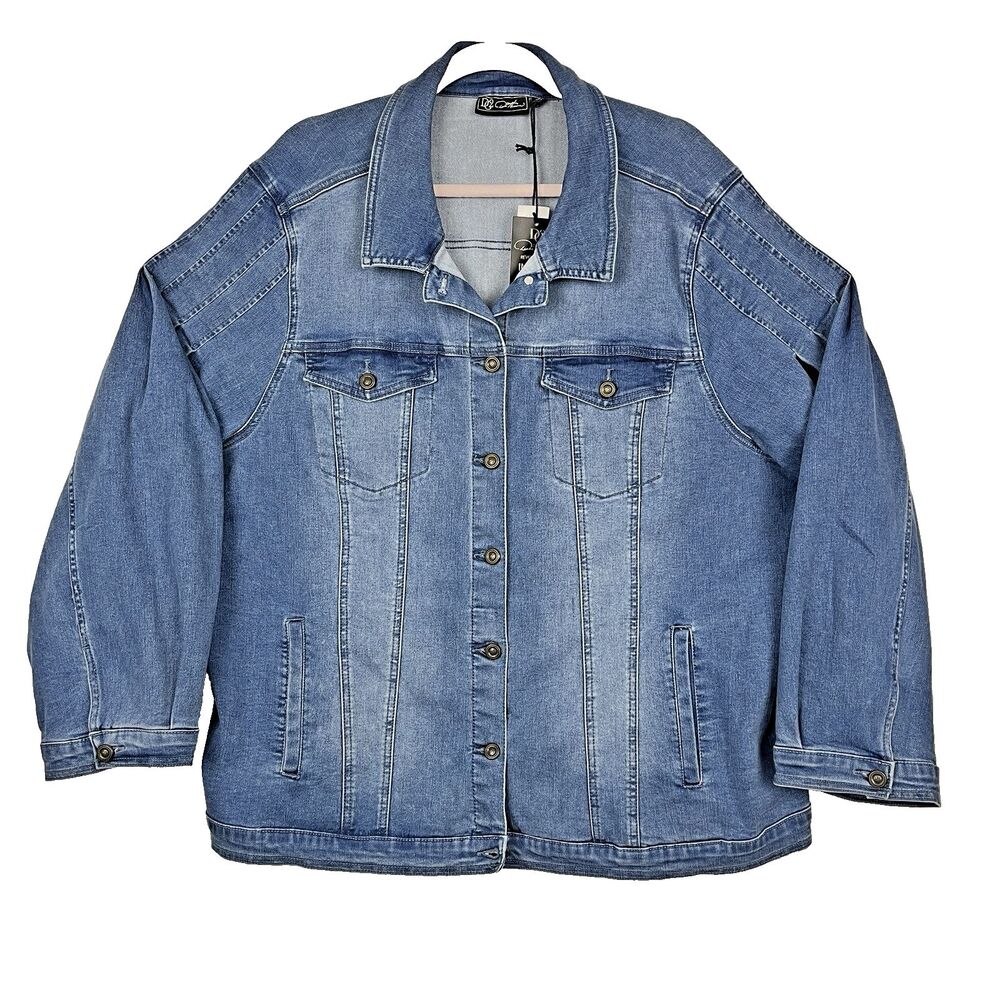 Denim Blue Jean Jacket Womens SZ 3XL Button down Pockets Pleated Distressed